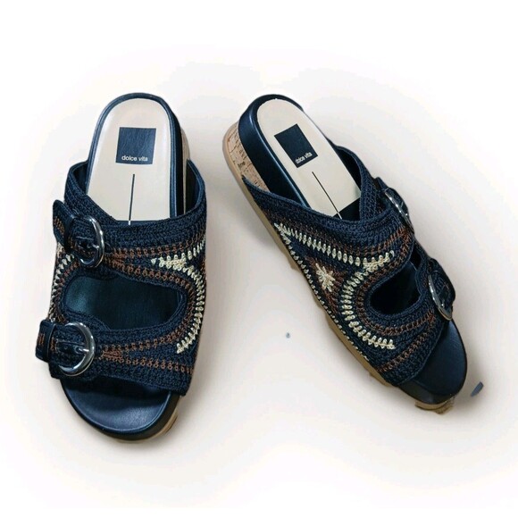 ​DOLCE VITA New Crochet Platform Slide Sandals Women's Size 8.5 Cork Weave Black - Picture 6 of 10